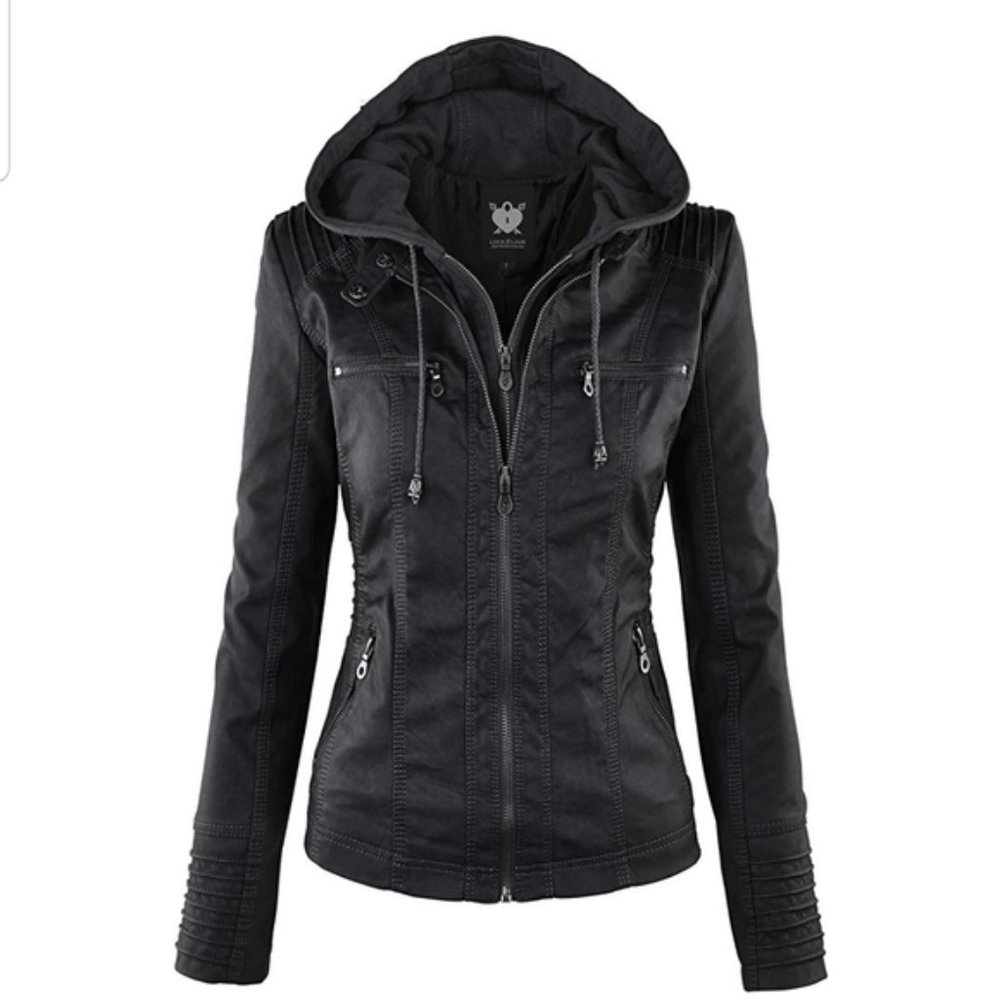 Hooded Faux Leather Moto Biker Jacket